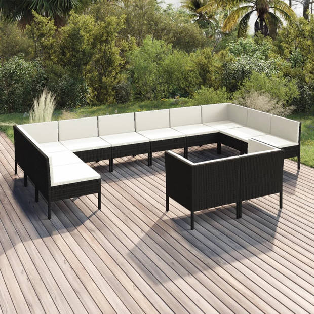 vidaXL 12-delige Loungeset met kussens poly rattan zwart