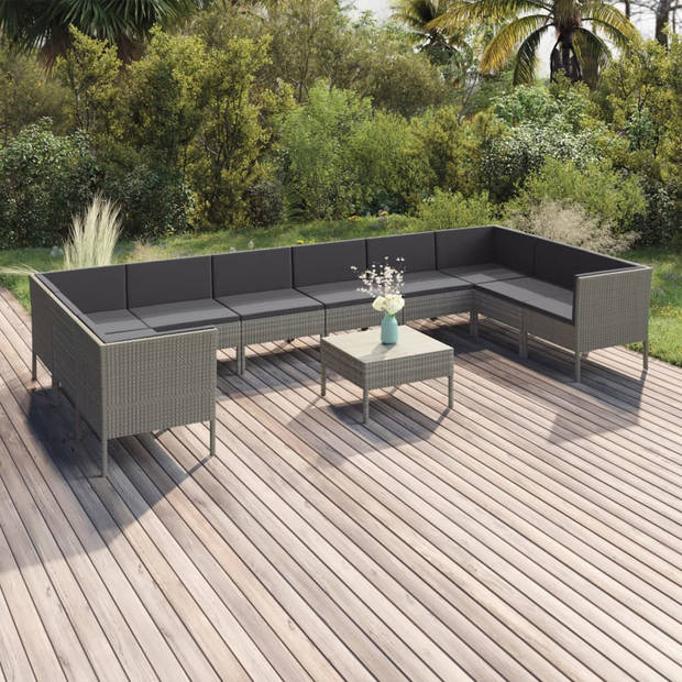 vidaXL 11-delige Loungeset met kussens poly rattan grijs