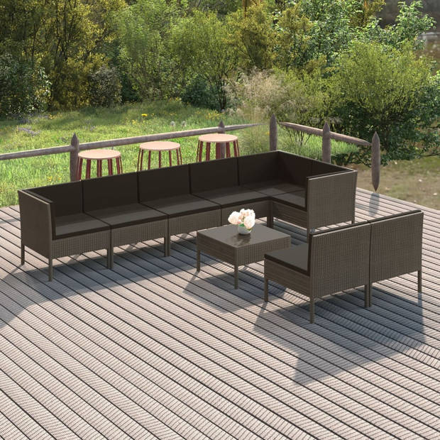 vidaXL 9-delige Loungeset met kussens poly rattan grijs