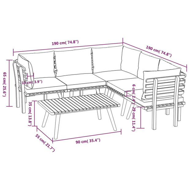 vidaXL 6-delige Loungeset met kussens massief acaciahout