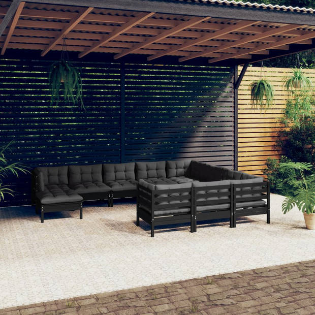 vidaXL 11-delige Loungeset met kussens grenenhout zwart