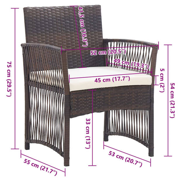 vidaXL Tuinstoelen met kussens 2 st poly rattan bruin