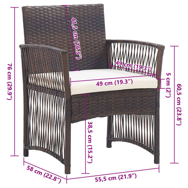 vidaXL Tuinstoelen met kussens 2 st poly rattan bruin