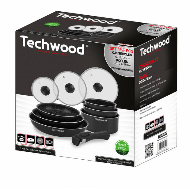 Techwood 6103p - 10-delige pannenset - met 3 deksels & handgreep