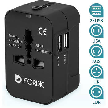ForDig Universele Wereldstekker met 2 Fast Charge USB Poorten - Reisstekker Geschikt voor 150+ Landen - Reis Stekker