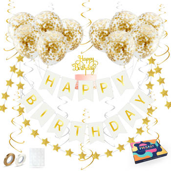 Fissaly® Verjaardag Slinger Wit & Goud met Papieren Confetti Ballonnen – Decoratie – Happy Birthday - Letterslinger