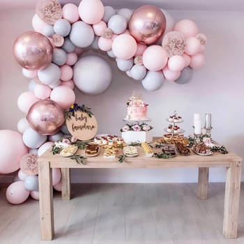Fissaly® Dubbel Gevulde Pastel Ballonnenboog Macaron Roze, Grijs & Rose Goud – Ballonboog Feest Decoratie Versiering