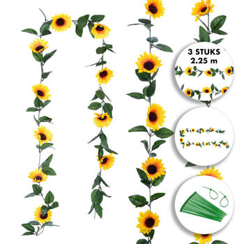 Fissaly® 3 Stuks Zonnebloem Slinger Decoratie Set – Kunsbloemen Backdrop Planten Versiering voor Woonkamer & Feest