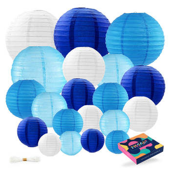 Fissaly® 20 Stuks Lampionnen Set Versiering Blauw & Wit – Feest Decoratie – Verjaardag, Babyshower & Gender Reveal
