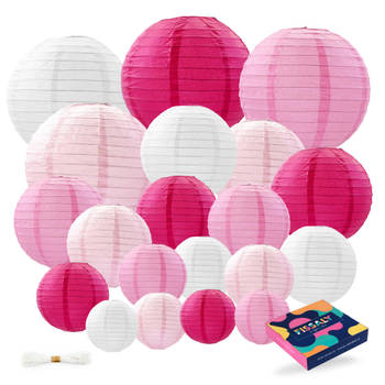 Fissaly® 20 Stuks Lampionnen Set Versiering Roze & Wit – Feest Decoratie – Verjaardag, Babyshower & Gender Reveal