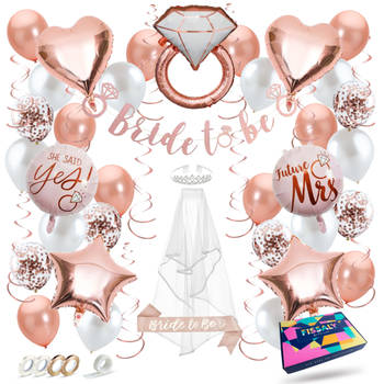 Fissaly® 56 stuks Bride To Be Decoratie Set – Vrijgezellenfeest Vrouw – Inclusief Ballonnen, Sjerp, Sluier & Accessoires