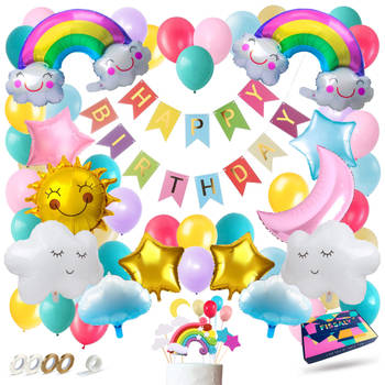 Fissaly® 73 Stuks Regenboog Wolken Decoratie Set – Feest Versiering met Pastel Ballonnen – Feestdecoratie Verjaardag