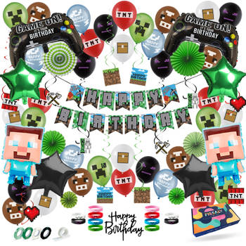 Fissaly® 81 Stuks Pixel Video Game Verjaardag Versiering – Thema Decoratie – Ballonnen, Slingers & Accessoires