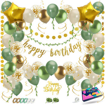 Fissaly® Happy Birthday Verjaardag Feestpakket Groen, Goud & Beige - Papieren Confetti Ballonnen – Decoratie Versiering