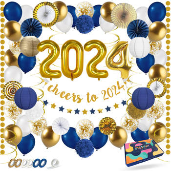 Fissaly® Happy New Year 2024 Versiering Pakket - Oudjaar & Nieuwjaar Pakket - Ballonnen Feestpakket – Goud, Wit & Blauw