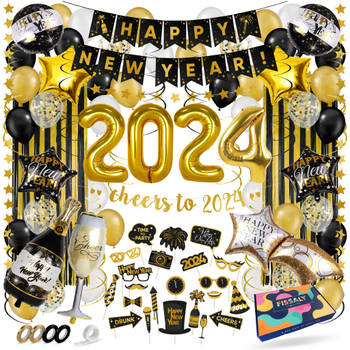 Fissaly® Happy New Year 2024 Versiering Pakket - Oudjaar & Nieuwjaar Pakket - Ballonnen – Zwart, Goud & Wit