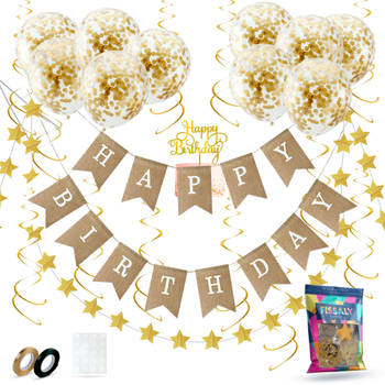 Fissaly® Verjaardag Jute Slinger met Papieren Gouden Confetti Ballonnen – Decoratie – Happy Birthday - Letterslinger