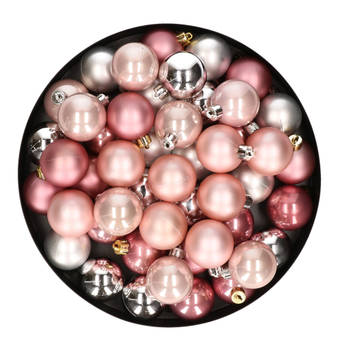 48x Stuks kunststof kerstballen mix zilver/lichtroze/oud roze 4 cm - Kerstbal