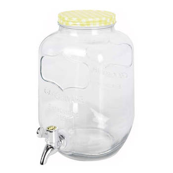 Glazen drankdispenser/limonadetap met geel/wit geblokte dop 4 liter - Drankdispensers