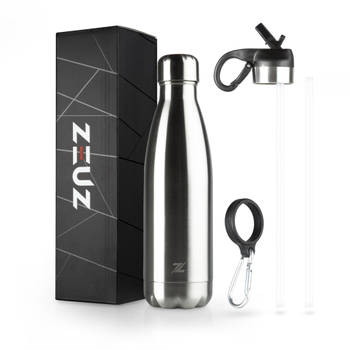 ZEUZ® Premium RVS Thermosfles & Drinkfles - Isoleerfles – Waterfles met Rietje - BPA Vrij – 500 ml - Zilver