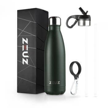 ZEUZ® Premium RVS Thermosfles & Drinkfles - Isoleerfles – Waterfles met Rietje - BPA Vrij – 500 ml - Mat Groen