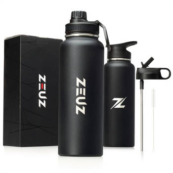 ZEUZ® Premium RVS Thermosfles & Drinkfles – Waterfles met Rietje – Isoleerfles– 1200 ml/ 1, 2 Liter- Mat Zwart