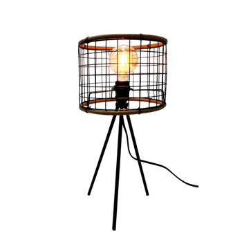 MaxxHome Tafellamp - Stalamp - 49 cm - E27 LED - 40 W - Zwart Frame en Houten Lampenkap