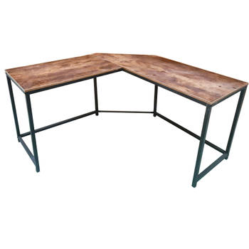 Hoekbureau Stoer - L-vormige computertafel - industrieel vintage - zwart metaal met bruin hout