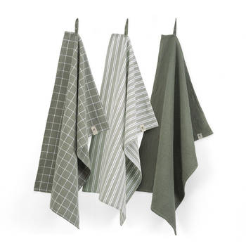 Walra Keukendoeken Set Cubes Uni, Stripes & Blocks Legergroen 50 x 70 cm - 3 Stuks