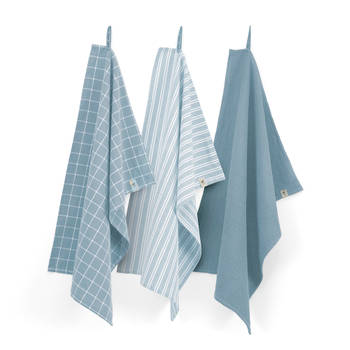 Walra Keukendoeken Set Cubes Uni, Stripes & Blocks Jeans Blauw 50 x 70 cm - 3 Stuks