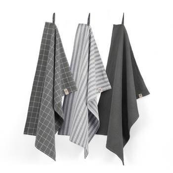 Walra Keukendoeken Set Cubes Uni, Stripes & Blocks Off Black 50 x 70 cm - 3 Stuks