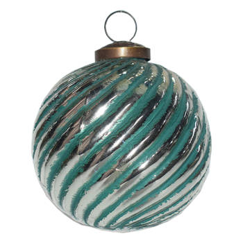 Clayre & Eef Kerstbal Ø 10 cm Groen Zilverkleurig Glas Metaal Kerstdecoratie Groen Kerstdecoratie