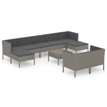 vidaXL 10-delige Loungeset met kussens poly rattan grijs