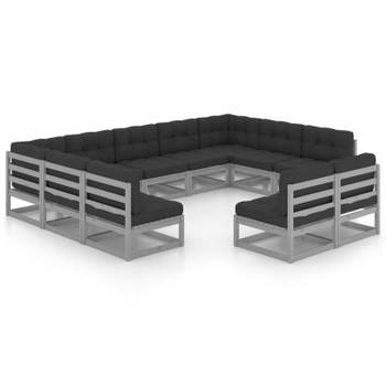 vidaXL 11-delige Loungeset met kussens massief grenenhout grijs