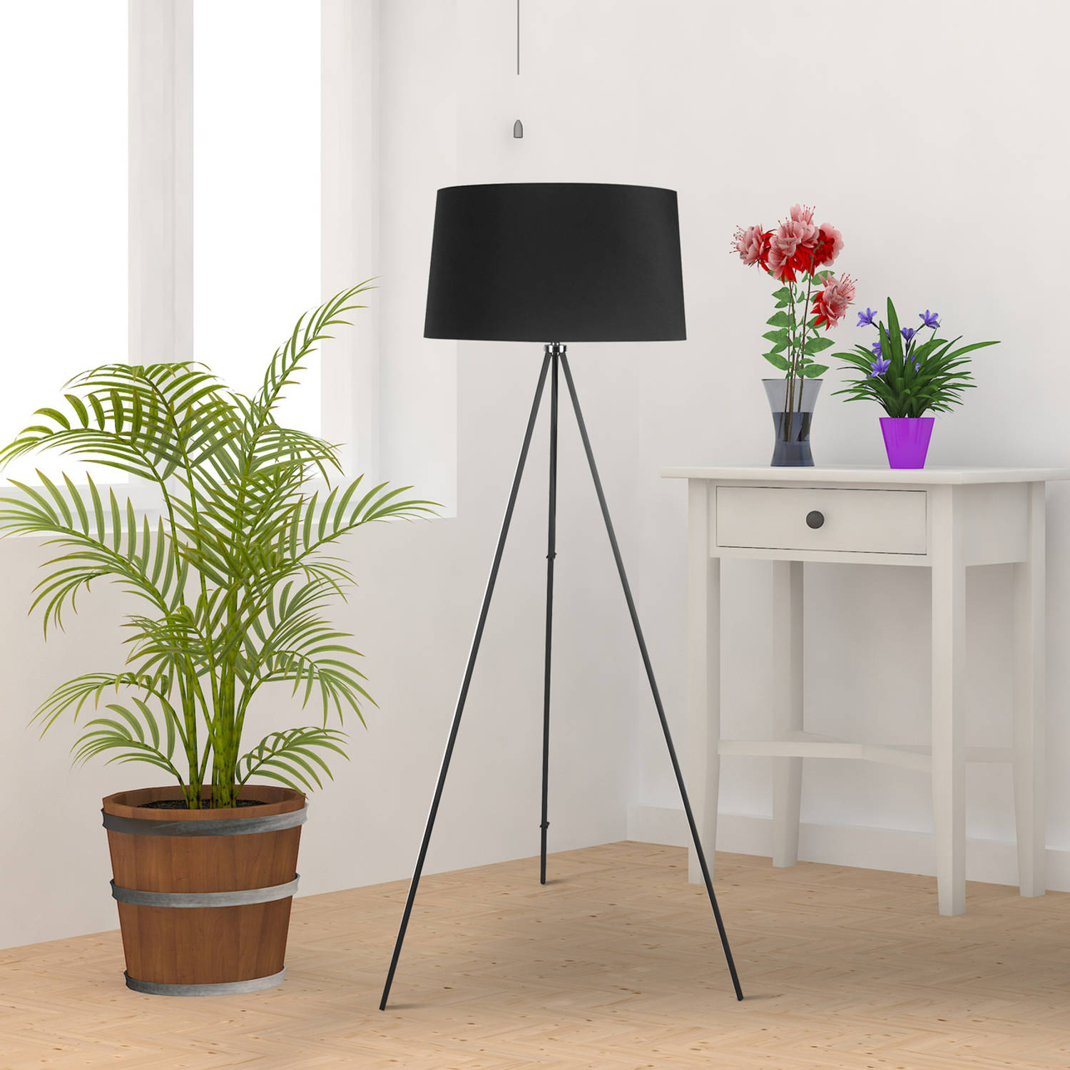 Staande vloerlamp statief minimalistisch design - Staande lamp op driepoot - Zwart - 40W 48 x 156 cm | Blokker