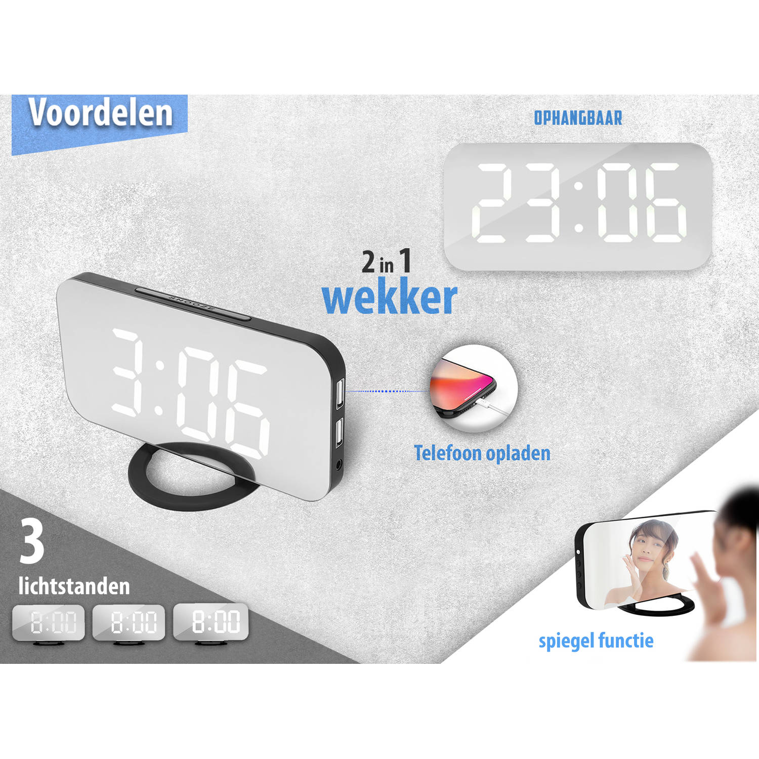 Bij elkaar passen min naald Luxe Digitale Wekker - Slaapkamer - Klok - Zwart - Met USB Poort! (2 in 1)  | Blokker