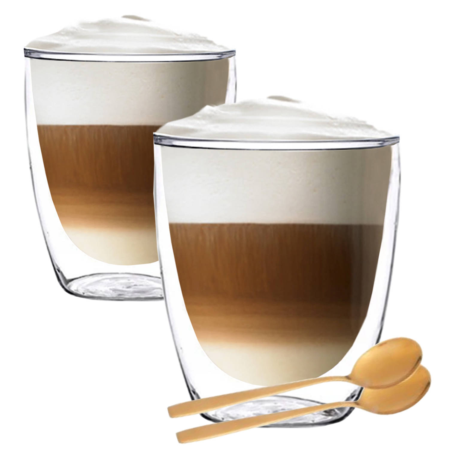 Luxe Dubbelwandige Theeglazen - Cappuccino Glazen - Koffieglas dubbelwandig - met lepel - 300 ML - Set Van 2