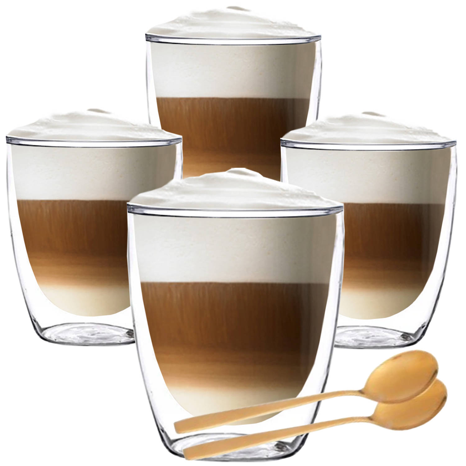 Luxe Dubbelwandige Theeglazen - Cappuccino Glazen - Koffieglas dubbelwandig - met lepel - 300 ML - Set Van 4