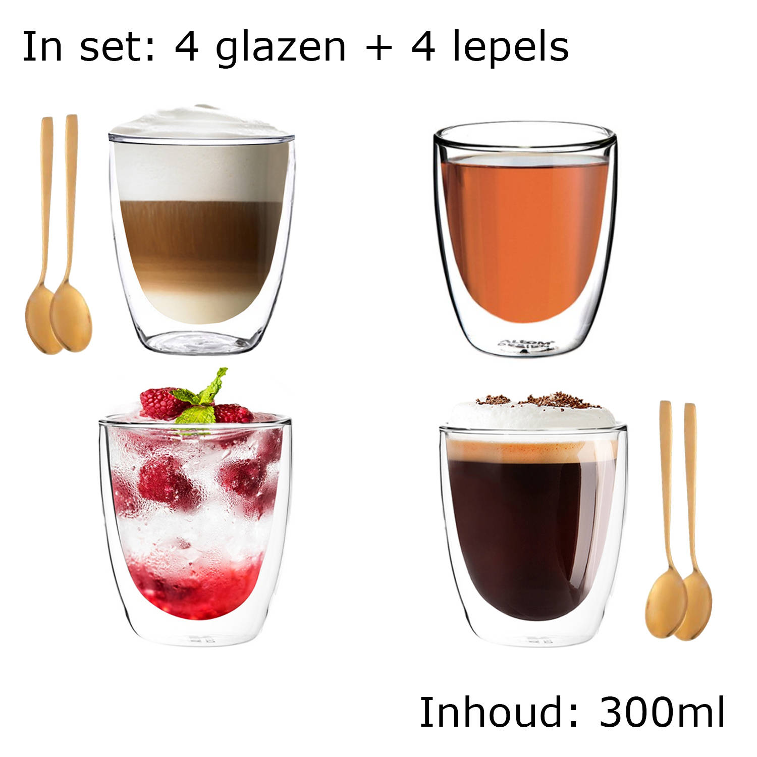 kalf slang boekje Luxe Dubbelwandige Theeglazen - Cappuccino Glazen - Koffieglas dubbelwandig  - met lepel - 300 ML - Set Van 4 | Blokker
