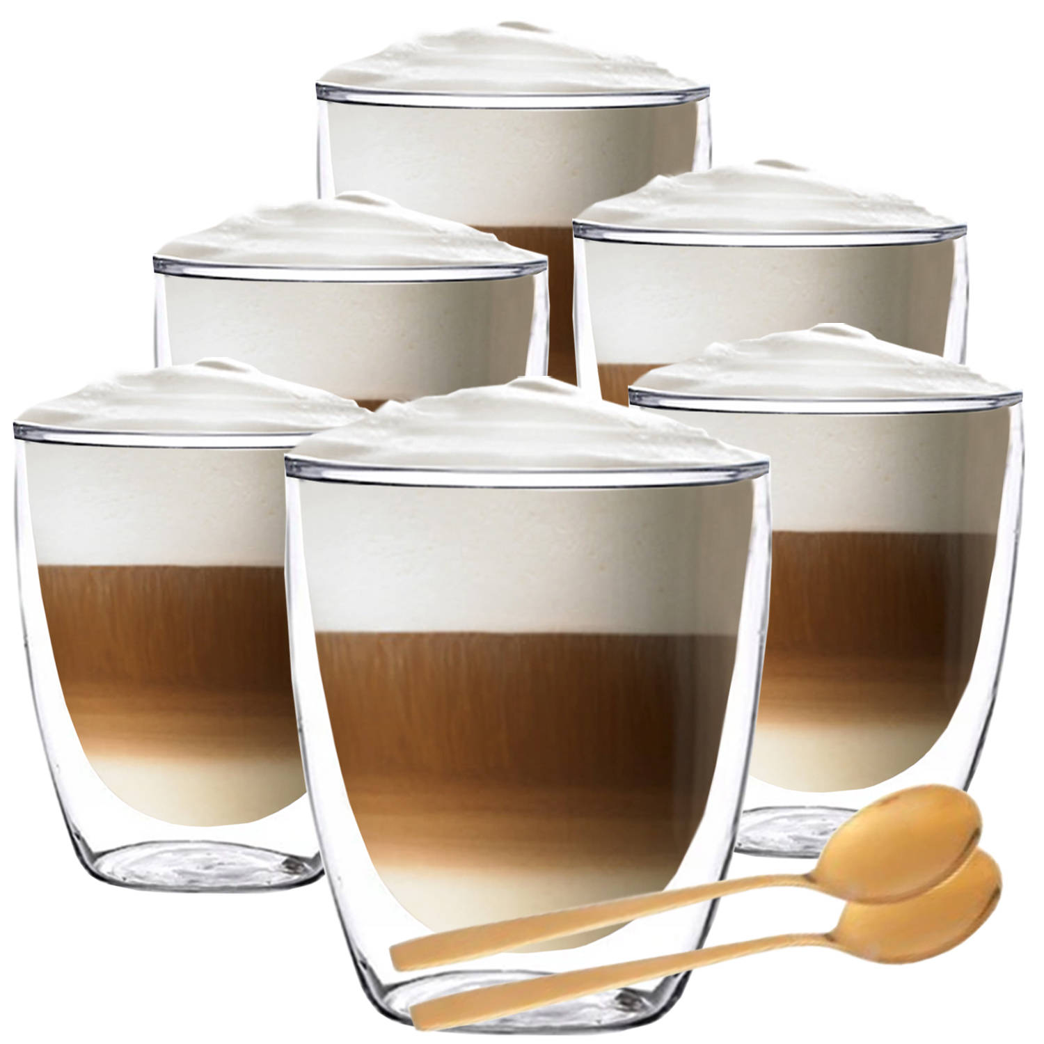 Dubbelwandige Koffieglazen - Cappuccino Glazen - Dubbelwandige Theeglazen - 300ML - 6x - Gratis Lepels