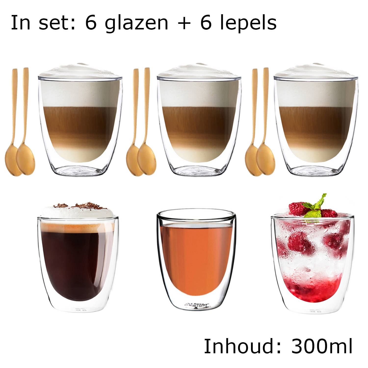 Schandalig Brig Portret Luxe Dubbelwandige Theeglazen - Cappuccino Glazen - Koffieglas dubbelwandig  - met lepel - 300 ML - Set Van 6 | Blokker
