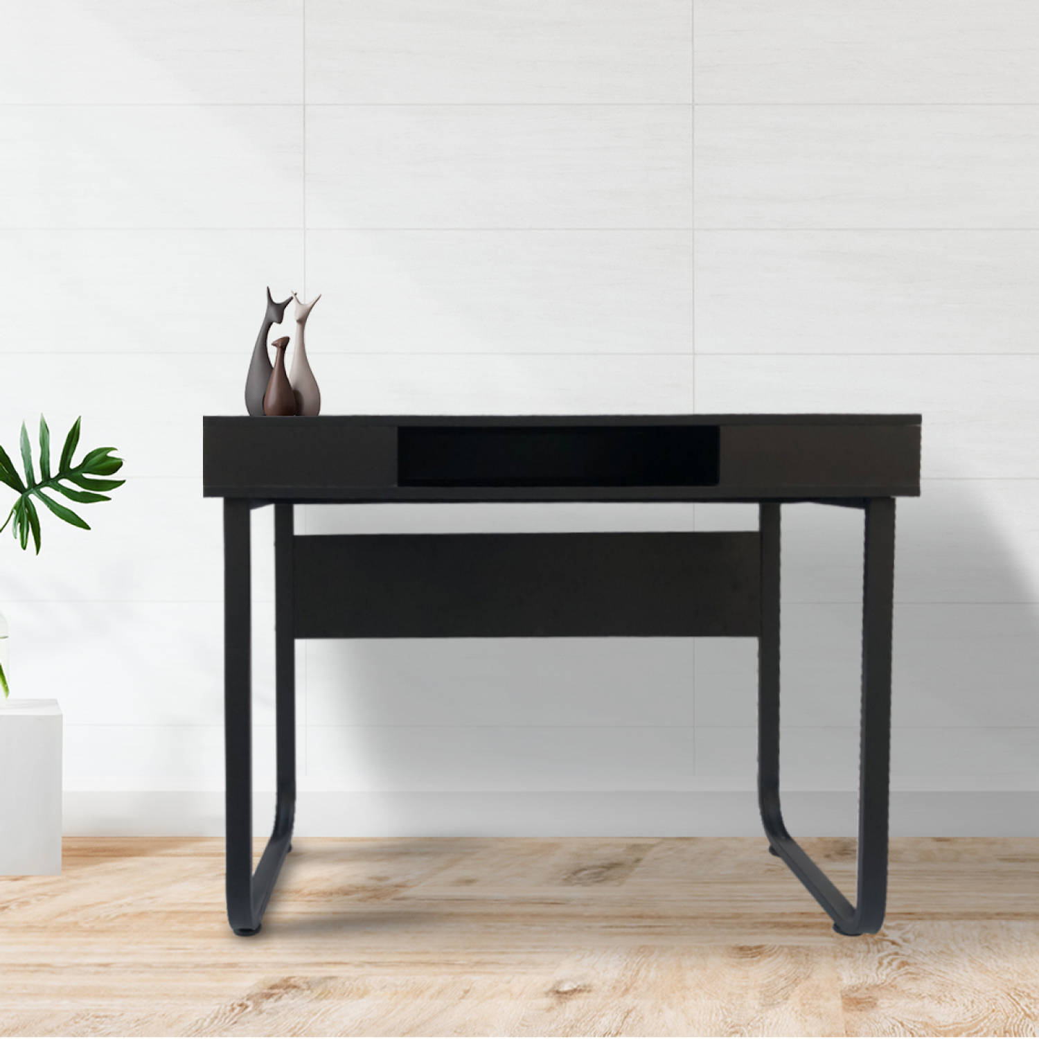 Samenstelling Edelsteen eiland Bureau computer tafel Stoer - sidetable - industrieel modern - zwart metaal zwart  hout - 110 cm breed | Blokker