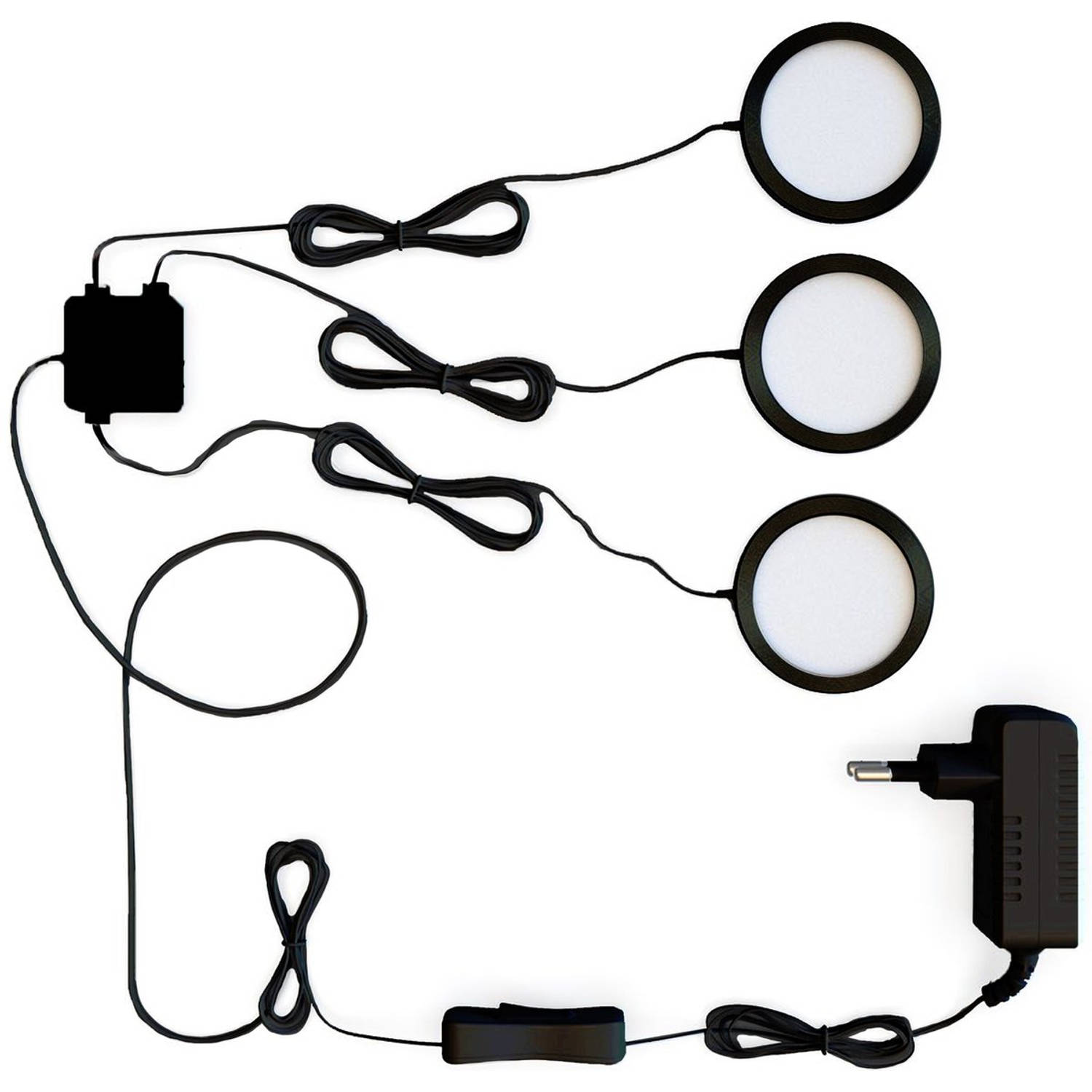 Proventa Set van 3 LED onderbouwlampen rond - Complete set voor keukens & kasten - Zwart