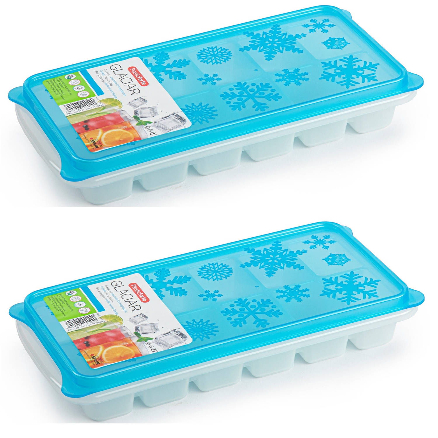 Kennis maken Rudyard Kipling functie 2x stuks Trays met ijsblokjes/ijsklontjes vormpjes 12 vakjes kunststof wit  met blauwe deksel - IJsblokjesvormen | Blokker