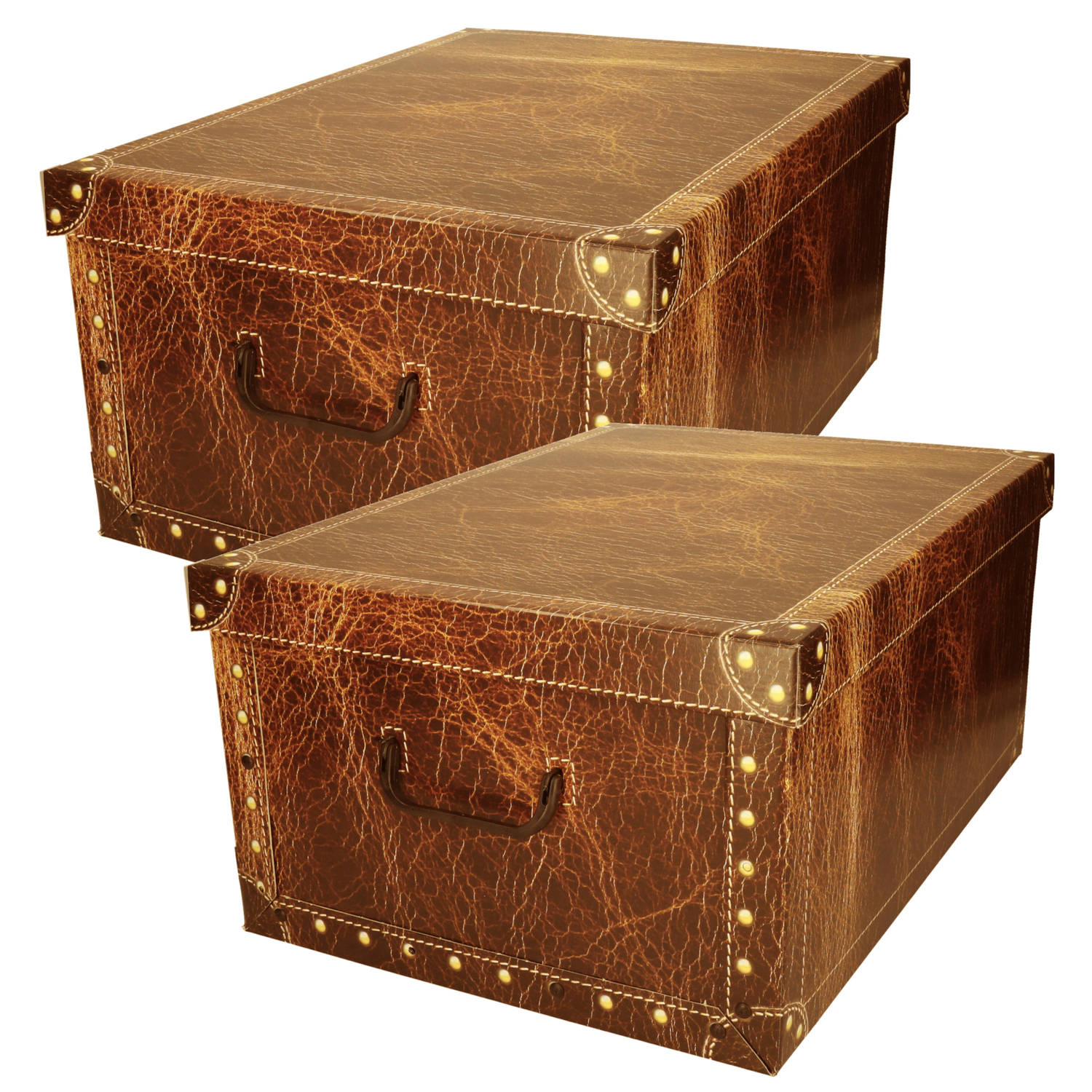 Pakket van 2x stuks opbergbox/opbergdoos van karton bruin leer motief 51 x 37 x 24 cm met deksel - Opbergbox
