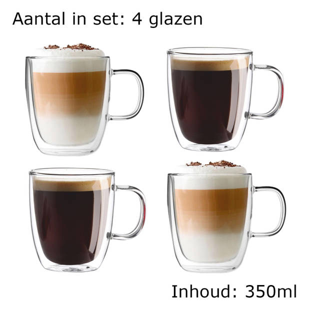 Luxe Latte Macchiato Glazen Dubbelwandig - Koffieglazen met oor - Cappuccinoglazen - Theeglas 350 ML - Set Van 4