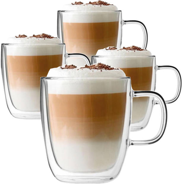 Luxe Latte Macchiato Glazen Dubbelwandig - Koffieglazen met oor - Cappuccinoglazen - Theeglas 350 ML - Set Van 4