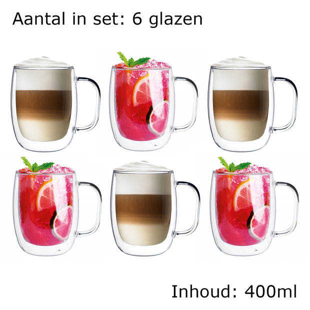 Luxe Dubbelwandige Theeglazen - Cappuccinoglazen - Latte Macchiato glazen dubbelwandig met oor - 400 ML - Set Van 6