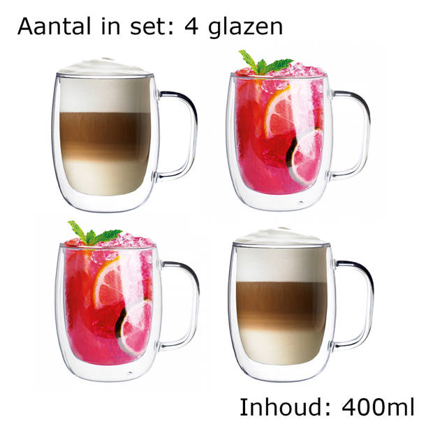 Luxe Dubbelwandige Theeglazen - Cappuccinoglazen - Latte Macchiato glazen dubbelwandig met oor - 400 ML - Set Van 4