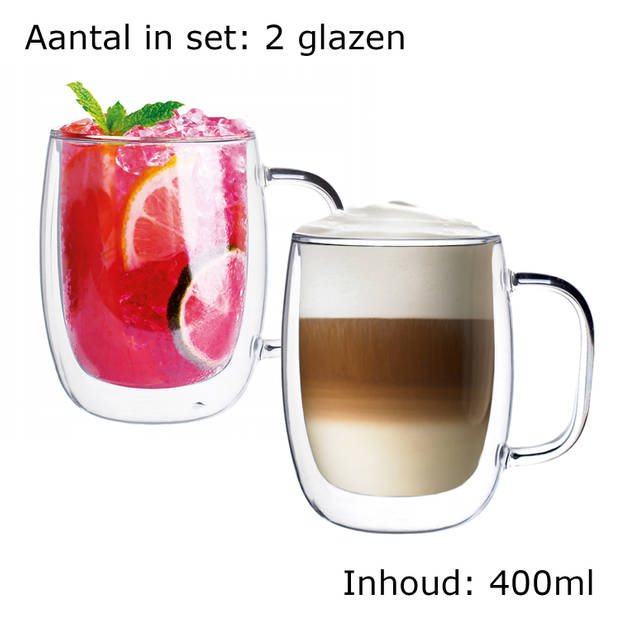 Luxe Dubbelwandige Theeglazen - Cappuccinoglazen - Latte Macchiato glazen dubbelwandig met oor - 400 ML - Set Van 2
